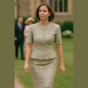 90s SILK 2PC TOP & SKIRT W AN ASIAN INSPIRED ALLOVER TAN & BLUE PRINT EUC 14